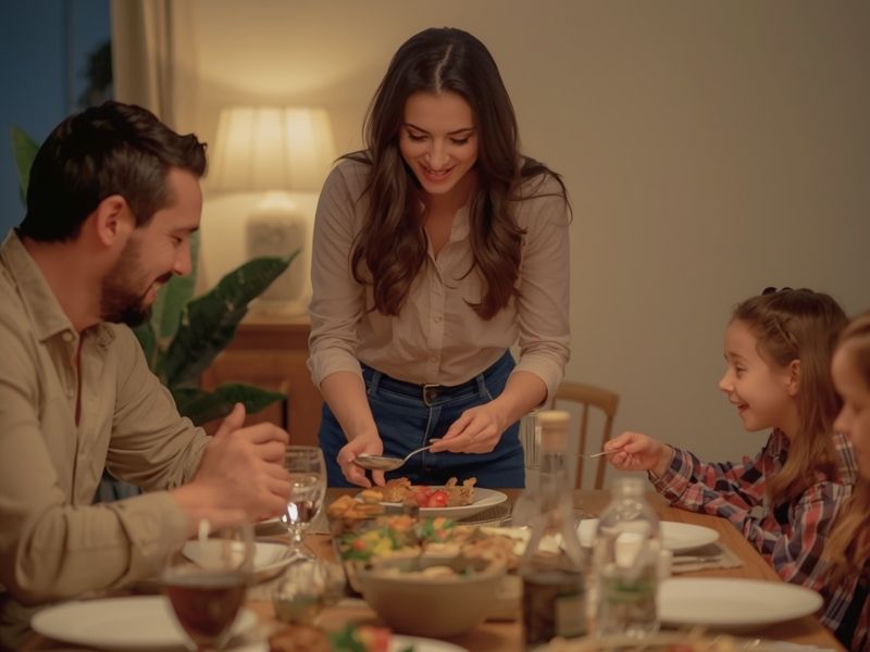 Woman managing family dinner while smiling — illustrating the invisible mental load carried by women with high-functioning anxiety